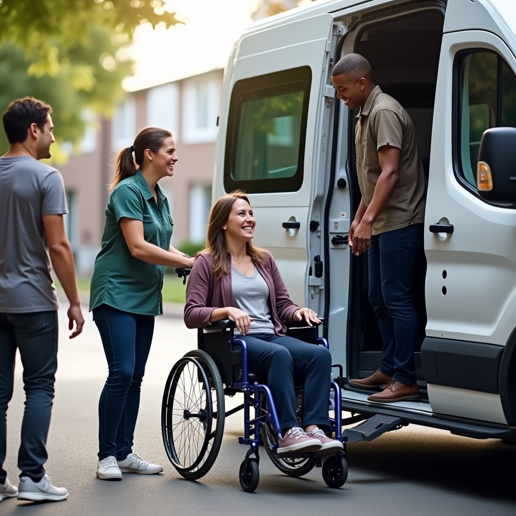 Non-emergency medical transportation van assisting elderly passengers in North Carolina